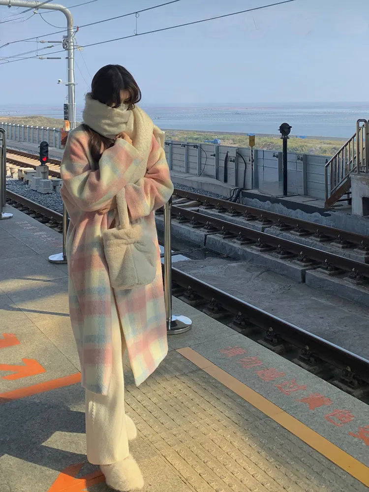 Rainbow Pastel Plaid Colorblock Print Women's Wool Loose Trenchcoat