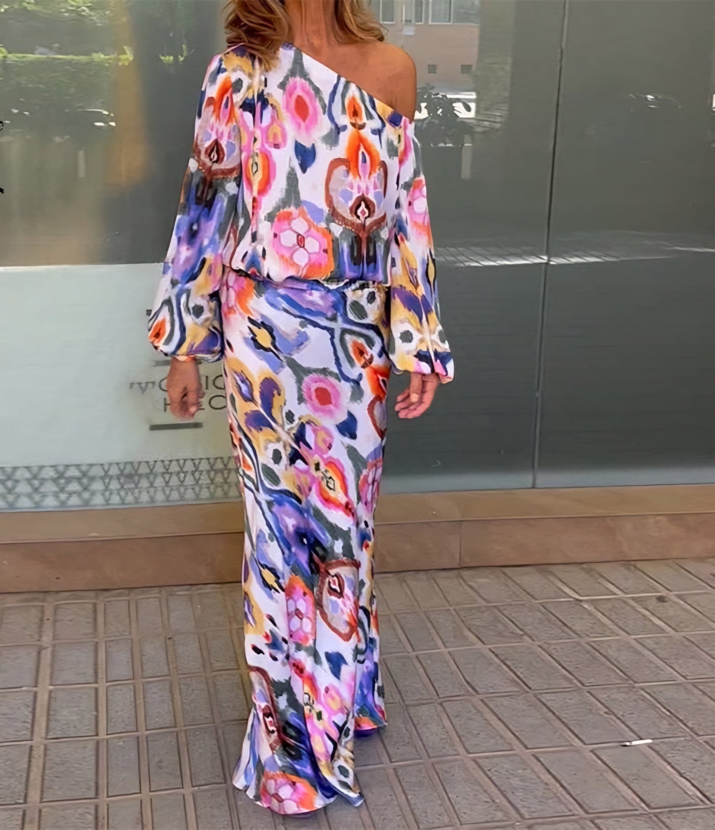 Asymmetrical Floral Abstract Print Long Lantern Sleeve One Shoulder Blouse + Maxi Skirt 2-Piece Set
