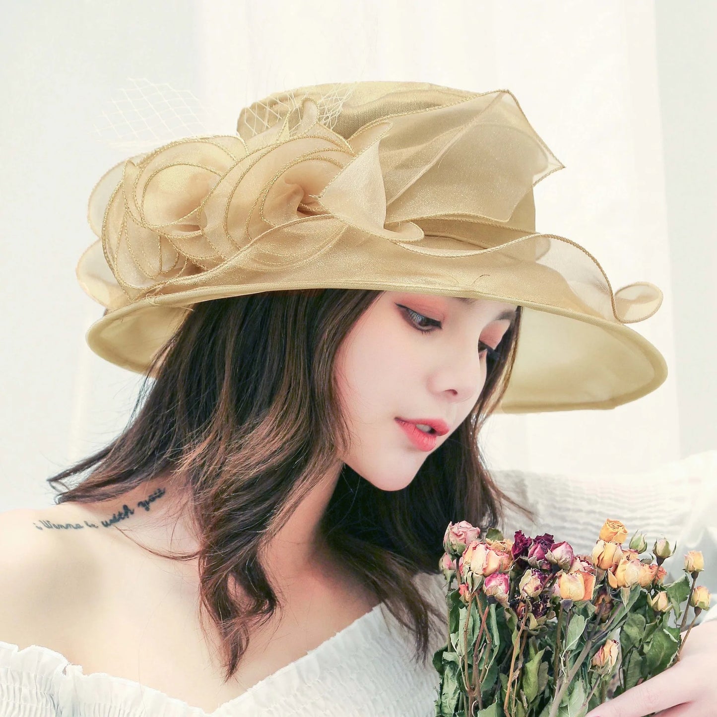 Oversized Organza Floral Bow Detail Wide Brim Kentucky Derby/Church/Wedding Fedora Hat