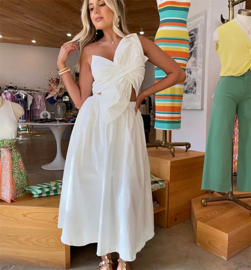 Draped Big Bow Design Asymmetrical One Shoulder Strapless Sleeveless High Waist A-Line Prom/Party Dress to 3X Plus Size