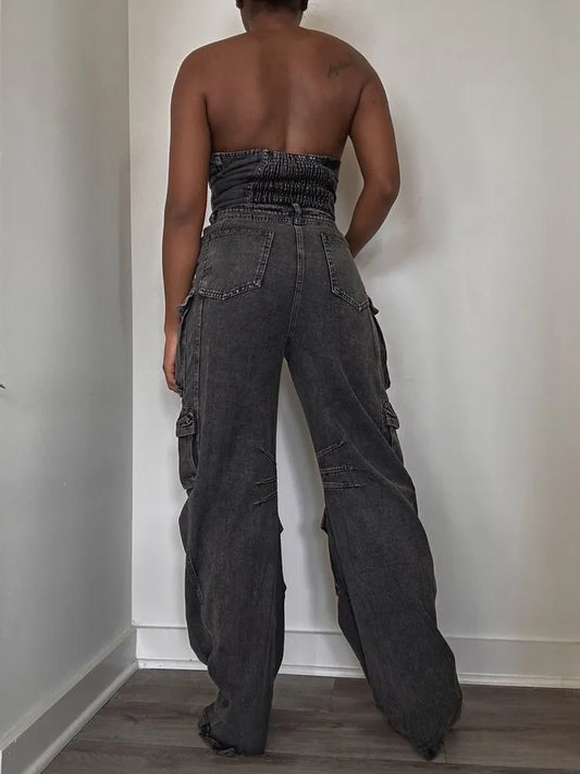 Faded Black Washed Denim Strapless Sleeveless High Waist Patchwork Cargo Pocket Tube Jean Jumpsuit