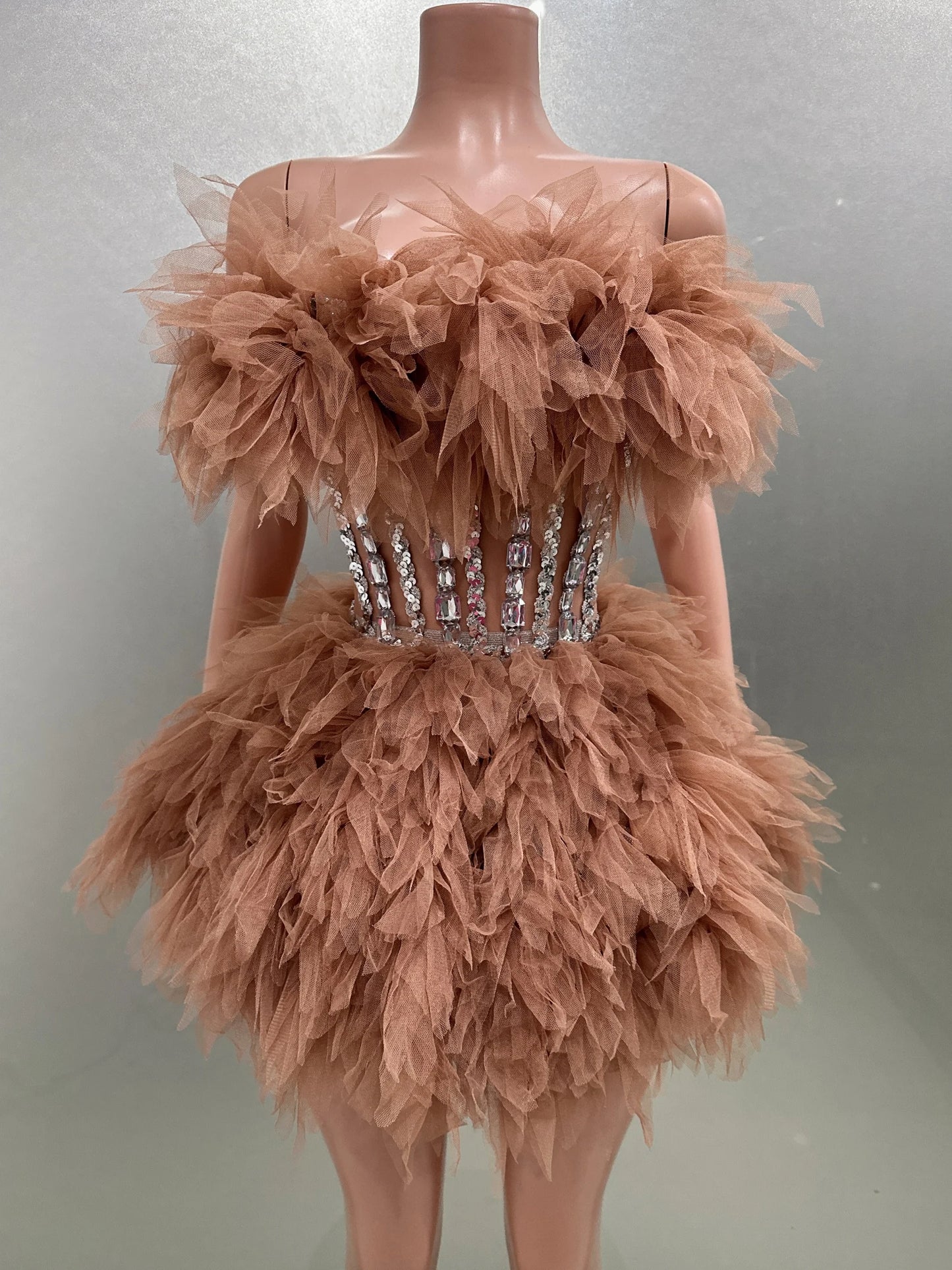 Feather Faux Fur Ruffled Strapless Silver Metallic Corset Mesh Mini Formal Ball Gown/Party/Prom Dress