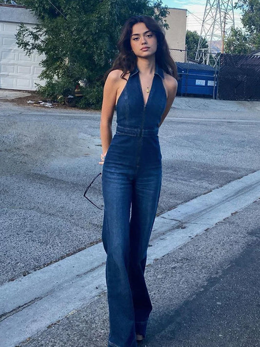 Denim V-Neck Sleeveless Zipper Front Turn-Down Collar Flared Leg Jean Jumpsuit