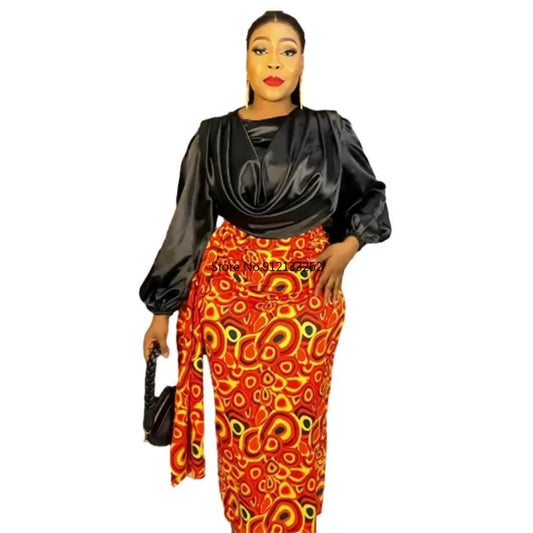Pleated Solid Color Ruched Satin Long Sleeve Blouse + African Print Maxi Skirt 2-Piece Set to 3X Plus Size
