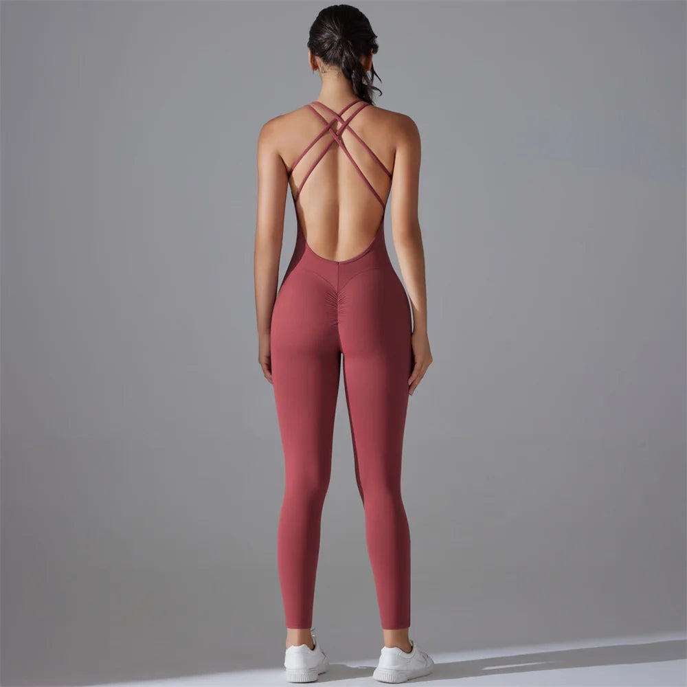 Fitness Solid Color Women's Criss-Cross Scrunch Workout Jumpsuit