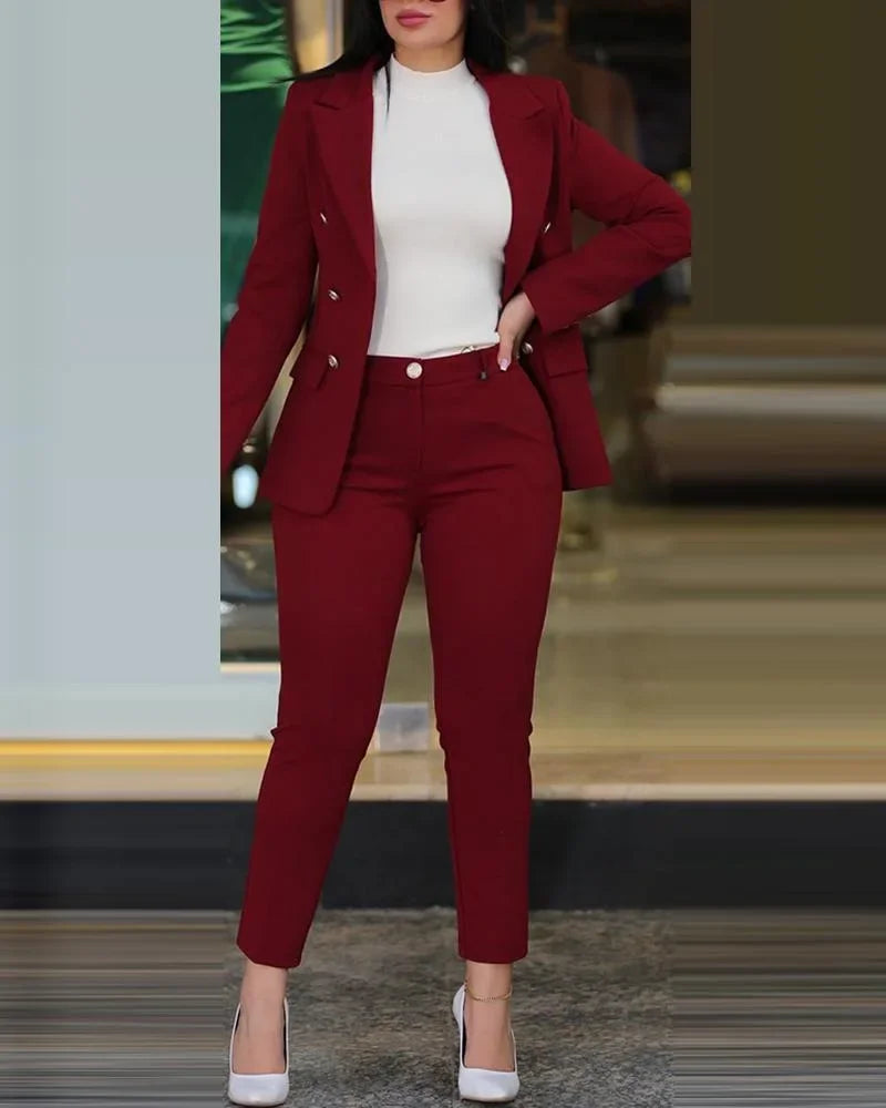 Gold Button Design Women's Solid Color Long Sleeve Blazer Jacket & High Waist Pencil Pants Business Suit