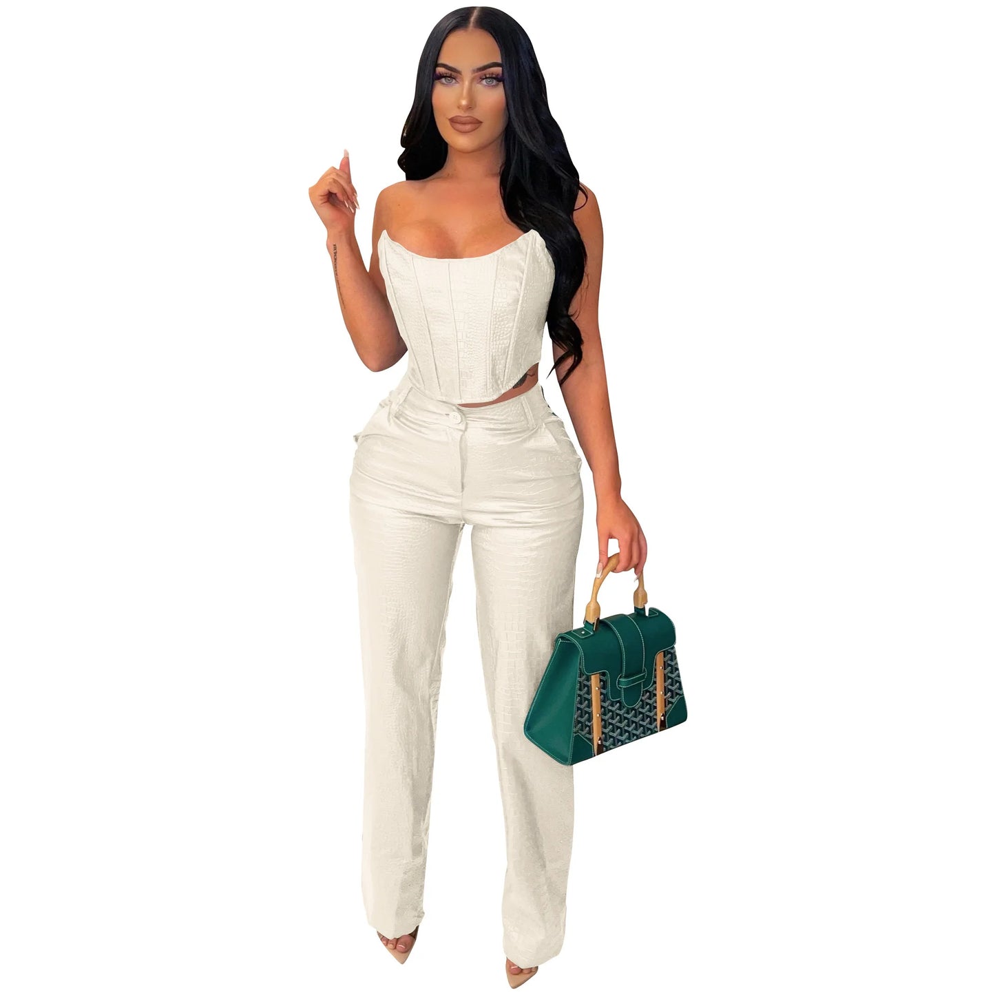Sleeveless Croc Pattern Corset Tube Top + Cargo Pants Women's 2-Piece Set
