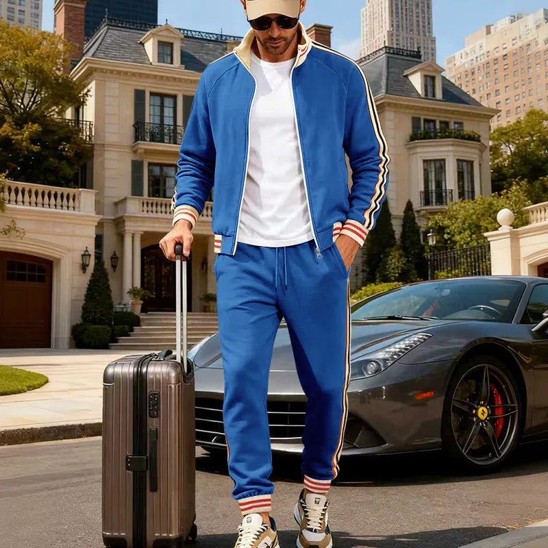 Men's Fleece Lined Heated Zipper Long Sleeve O-Neck Bomber Sports Jacket + Jogger Sweatpants Tracksuit