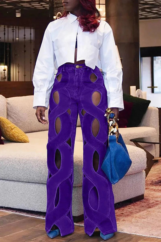 Hollow-Out Denim Women's Criss-Cross Design Wide Leg Jeans to 5X Plus Size