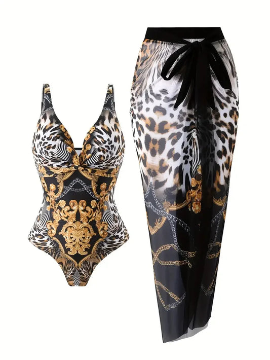 Leopard Zebra Baroque Print V-Neck Women's One-Piece Swimsuit & Matching Cover-Up Sarong Skirt