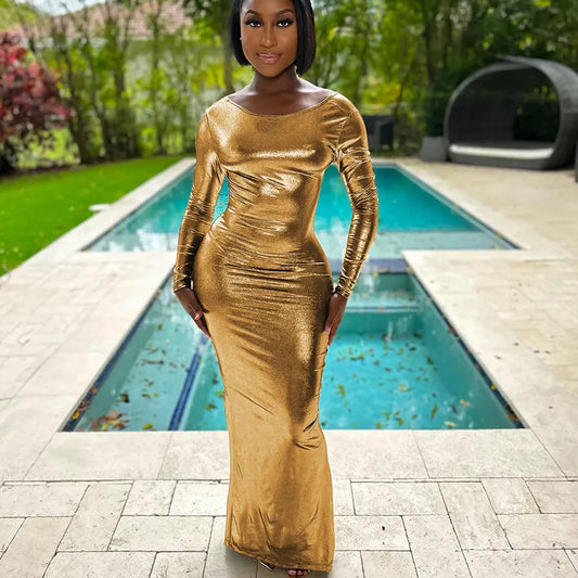 Faux Leather Metallic Gold/Silver Ruched Solid Color Long Sleeve Bodycon Maxi Dress