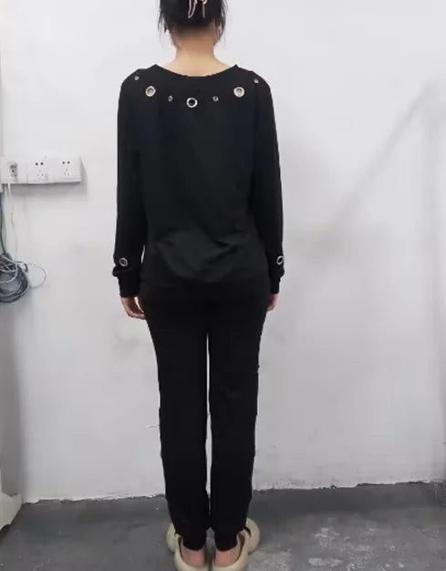 Black Eyelet/Pearl Design Off-The-Shoulder Women's Skew Neck Long Sleeve Top & Elastic Waist Pants 2-Piece Set