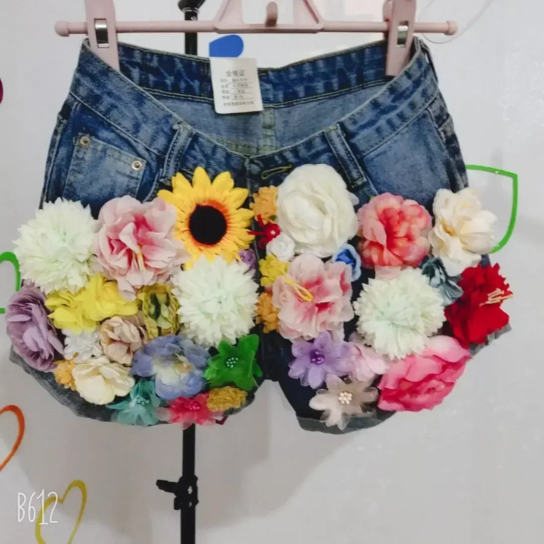 Denim Handmade 3D Flowers Sequined Embroidered Women's Jean Shorts to 3X Plus Size
