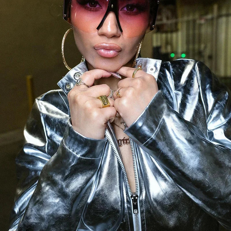 Silver Metallic PU Leather Stand Collar Women's Zipper Jacket