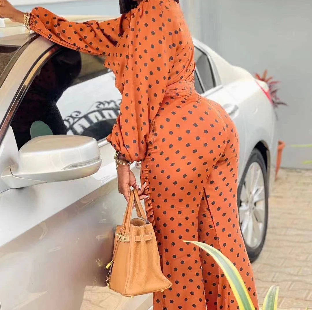 Orange/Black Polka Dot Printed Off-the-Shoulder Long Sleeved Skew Collar Top & Elastic Waist Leggings Women's 2-Piece Set to 3X Plus Size