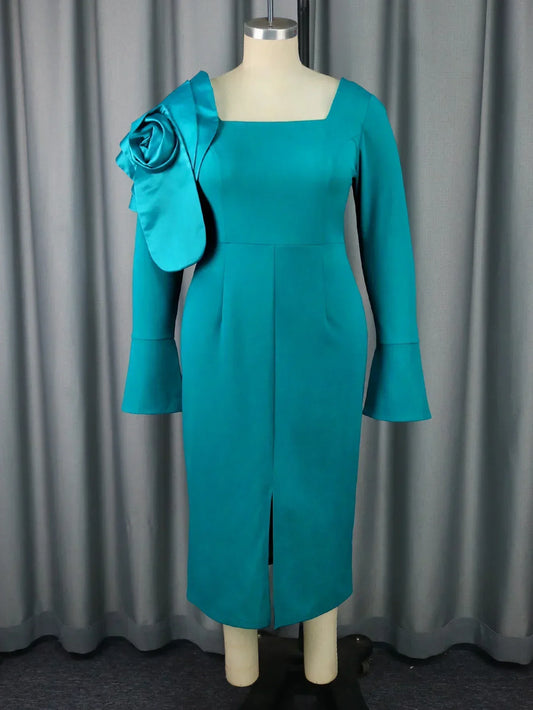 Turquoise Patchwork Long Sleeve Square Collar Big Flower Embroided Long Sleeve High Slit Formal Maxi Dress to 3X Plus