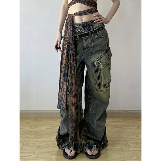Blue Women's Vintage Baggy Hip-Hop Streetwear Y2K Wide Leg High Waist Cargo Denim Jeans