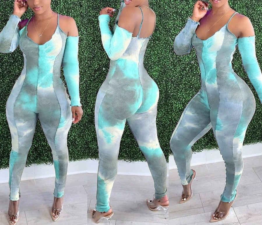 Tie-Dye Print Off-the-Shoulder Deep V-Neck Sexy Camisole Long Sleeve Bodycon Skin Tight Women's Jumpsuit