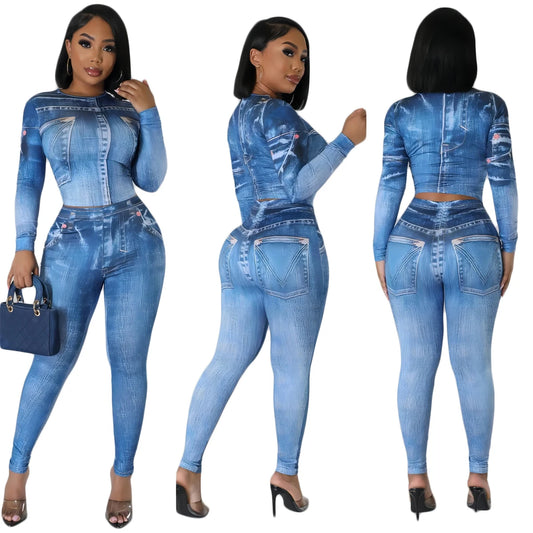 Mock Faded Denim 3D Print Long Sleeve Women's Top + Skinny Leggings 2-Piece Set