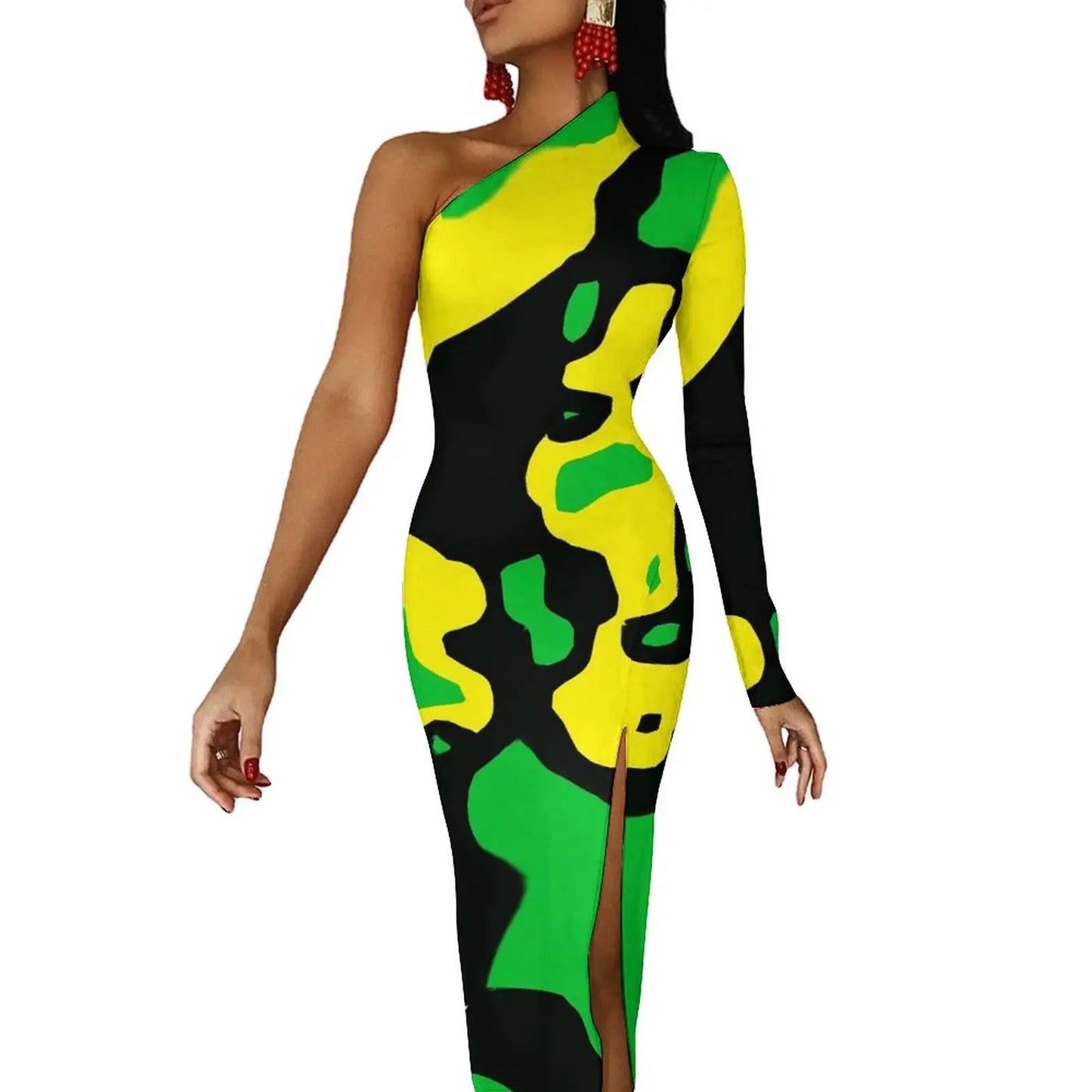 Jamaica Flag Colors Striped/Geometric/Camoflauge High Side Slit One Sleeve Streetwear Bodycon Maxi Dress