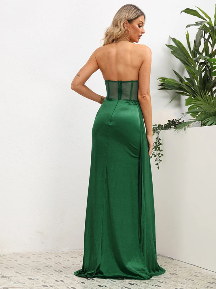 Asymmetrical Corset Sleeveless Off-the-Shoulder Deep V-Neck Backless Wrapped Fishbone High Slit Formal Party Prom Dress