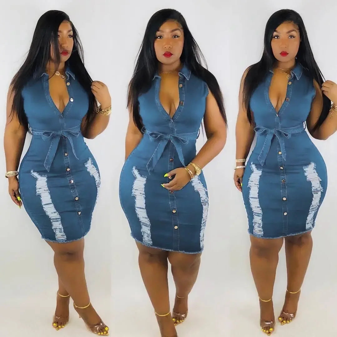 Denim Ripped Button-Up Sleeveless Turn-Down Collar Midi Jean Dress w/ Sash Belt to 3X Plus Size