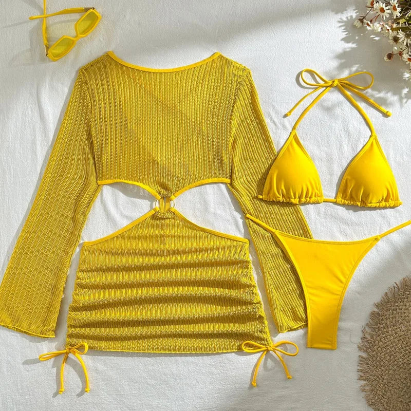 Solid Color Bikini 2-Piece Swimsuit + Transparent Hollow-Out Sheer Net Long Sleeve Cover-Up Women's 3-Piece Swimwear Set