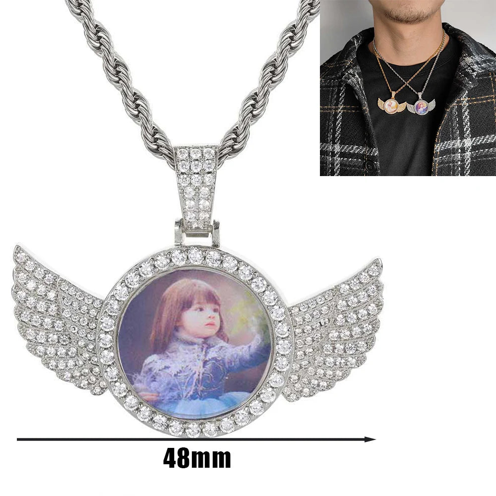 Customized Angel Wing Round Memory Personalized Picture Pendant Tennis Chain Necklace