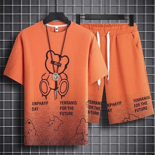 Men's Teddy Bear Print Waffle 3D Graphic Short Sleeve O-Neck T-Shirt + Drawstring Striped Hem Shorts 2-Piece Set