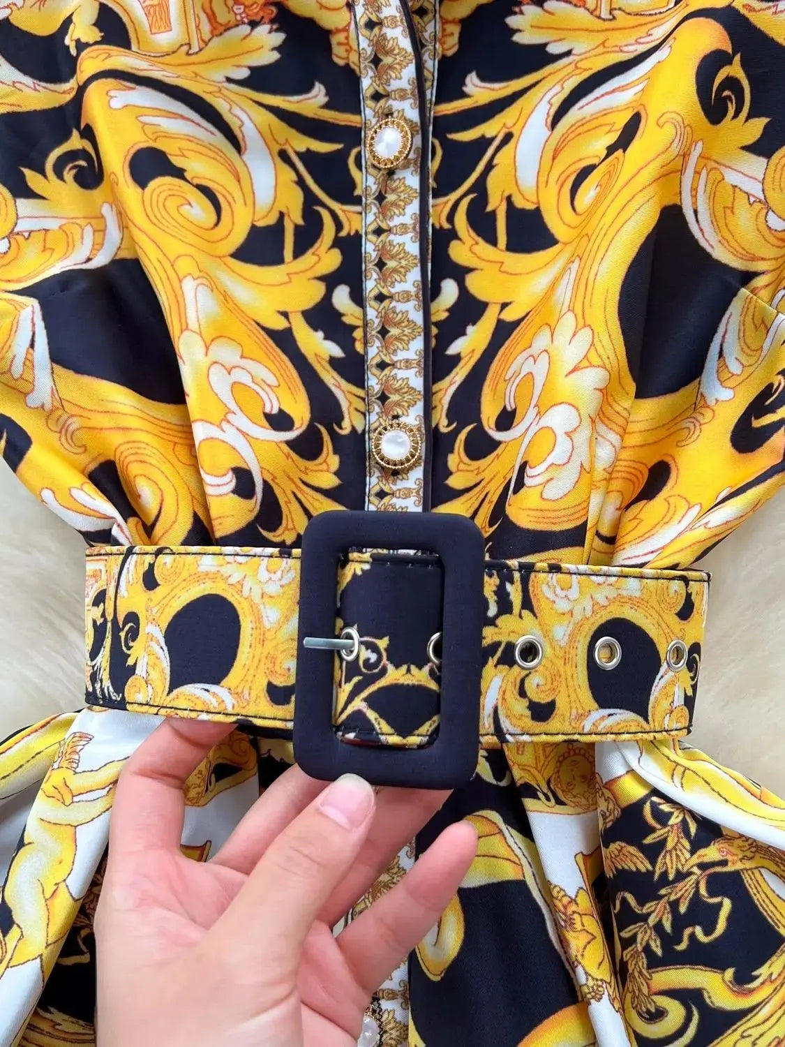 Sleeveless Floral Baroque Print Turn-Down Collar Belted Maxi Dress