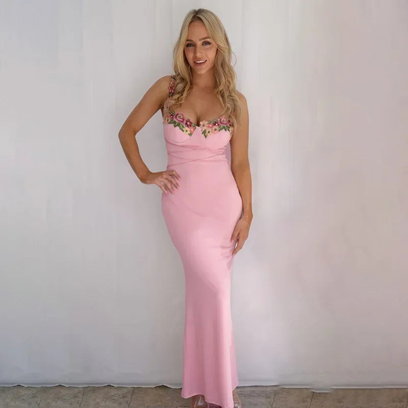 Pink Flower Pattern Spaghetti Strap Backless Lace-Up Bandage Bodycon Party Formal Maxi Dress
