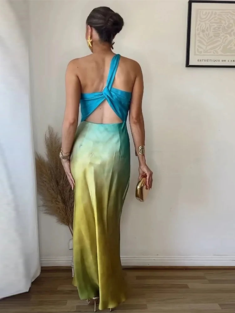 Gradient Asymmetrical Colorblock Sleeveless One Shoulder Backless Maxi Dress