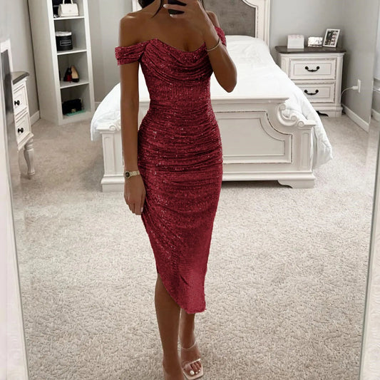 Glitter Sequin Scoop Neck Off-the-Shoulder V-Neck Solid Color Formal Party/Prom Dress