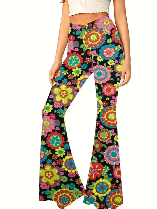 70's Bohemian Flower Print Women's Elastic Waist Flared Bellbottom Pants