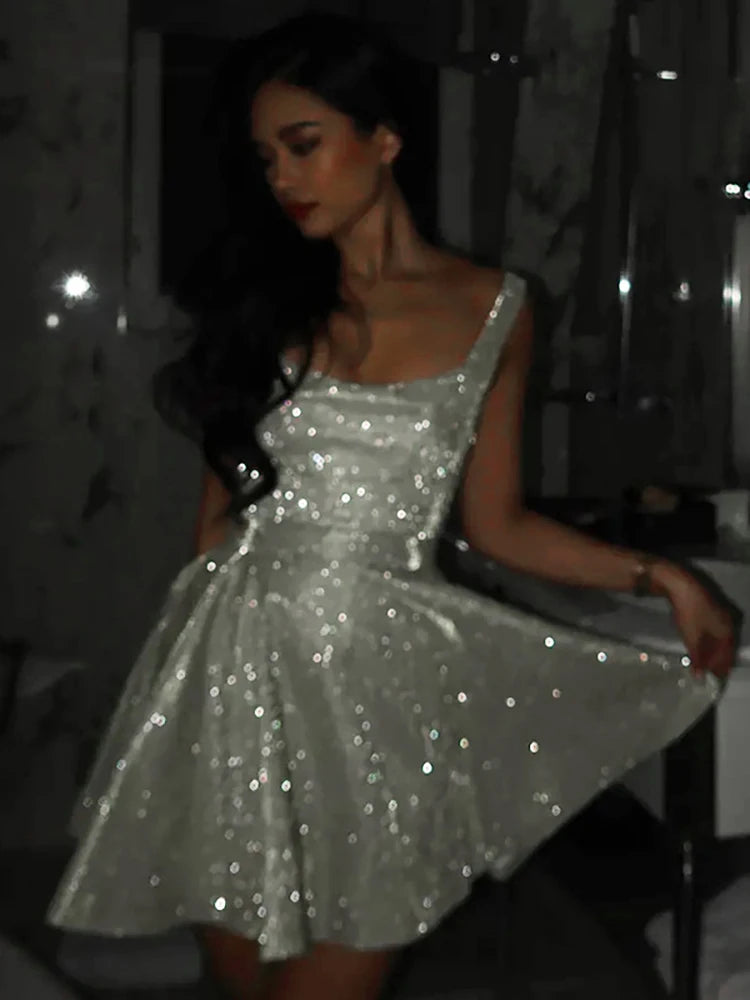 Glitter Silver Bright Silk Sparkling Spaghetti Strap A-Line Skinny Party Formal Mini Flared Dress