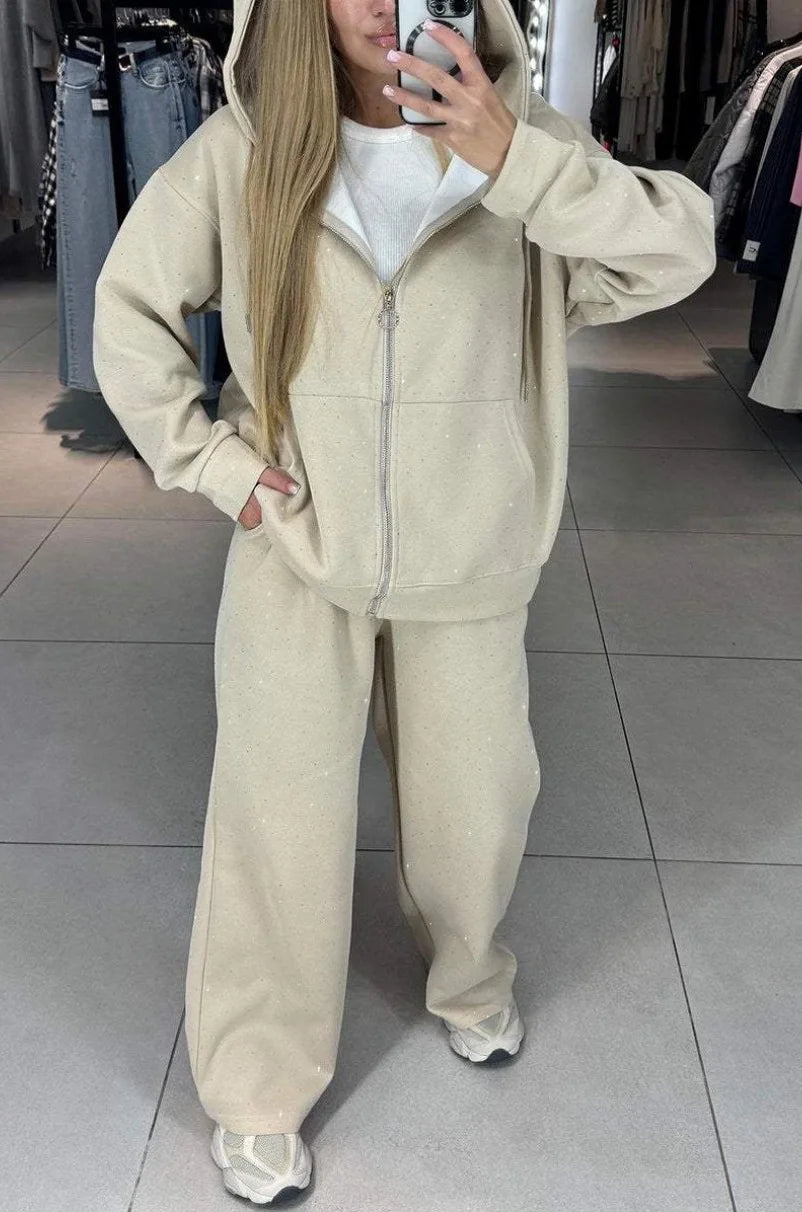 Sequin Polka Dot Embellished Women's Hoodie Sweatshirt + Wide Leg Sweatpants Tracksuit