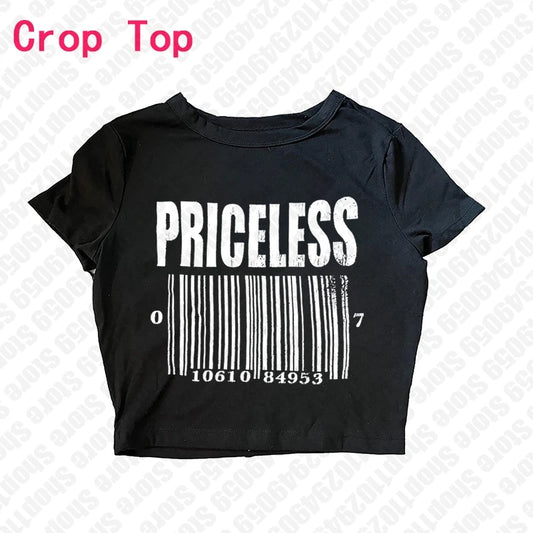 Vintage Black 3D Barcode "Priceless"Letter Print Short Sleeve Women's T-Shirt/Crop Top