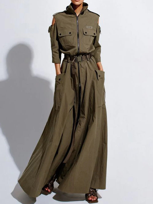Retro Cargo Pocketed Turn-Down Collar Cut-Out Shoulder 1/2 Sleeve Zipper High Slit Flared Wide Maxi Dress