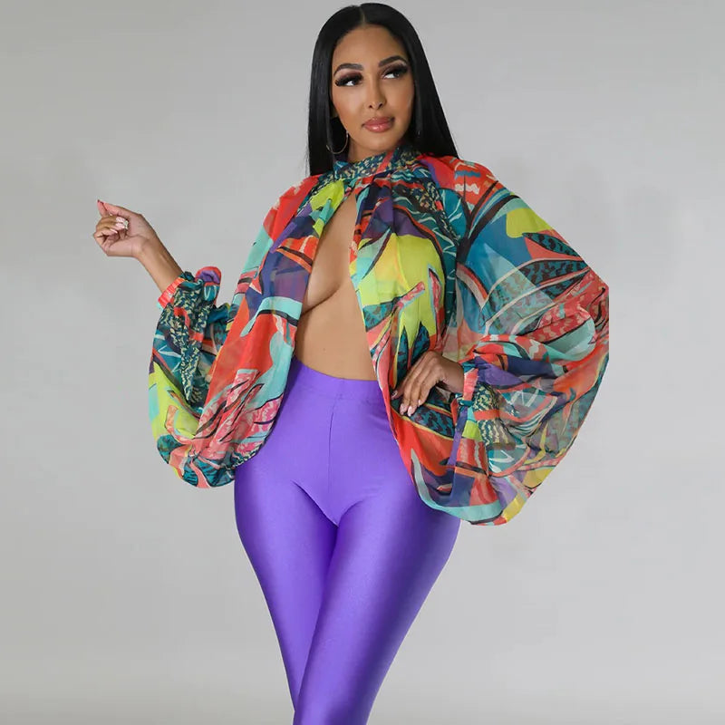 Chiffon Floral/Gradient Colorblock Sheer Front Slit Batwing Sleeve Women's Blouse