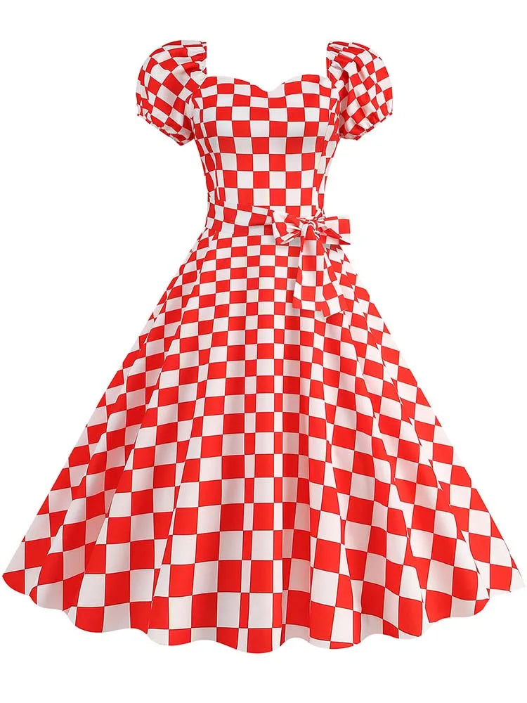 Plaid Checker/Polka Dot Print Puff Sleeve Big Swing Ruffled Flared Dress w/ Belt