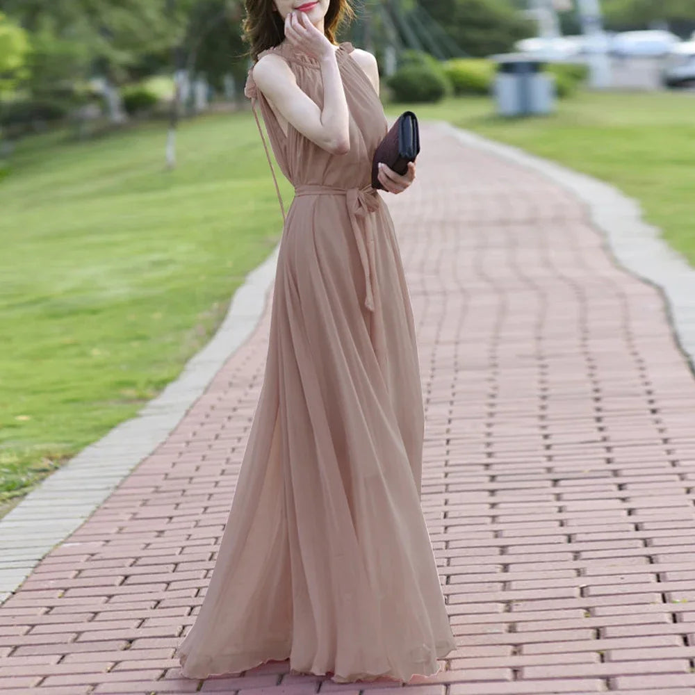 Chiffon Halter Pleated Solid Color Sleeveless Sash Belt Maxi Formal Party/Prom Dress to 5X Plus Size