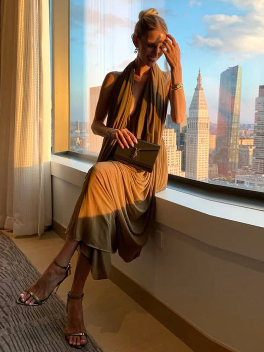 Brown Draped Sleeveless Backless Irregular Hem Solid Color Maxi Dress