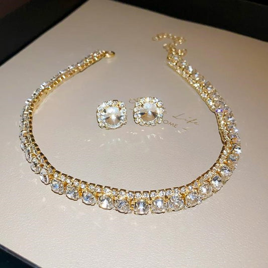 Rhinestone Necklace + Round Crystal Earrings Formal Bridal Jewelry Sets