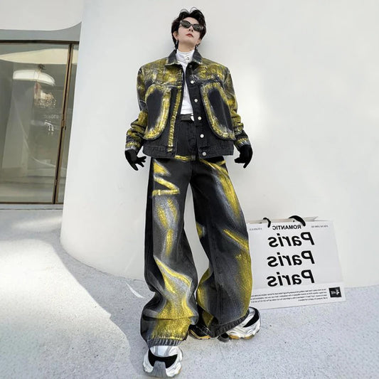 Men's Black/Yellow Colorblock Gradient Painted Design Denim Jean Jacket + Baggy Denim Jeans 2-Piece Set
