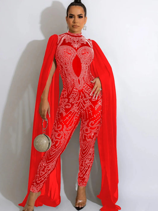 Crystal Mesh Glitter Rhinestone Long Sleeve Skinny Formal Party Jumpsuit