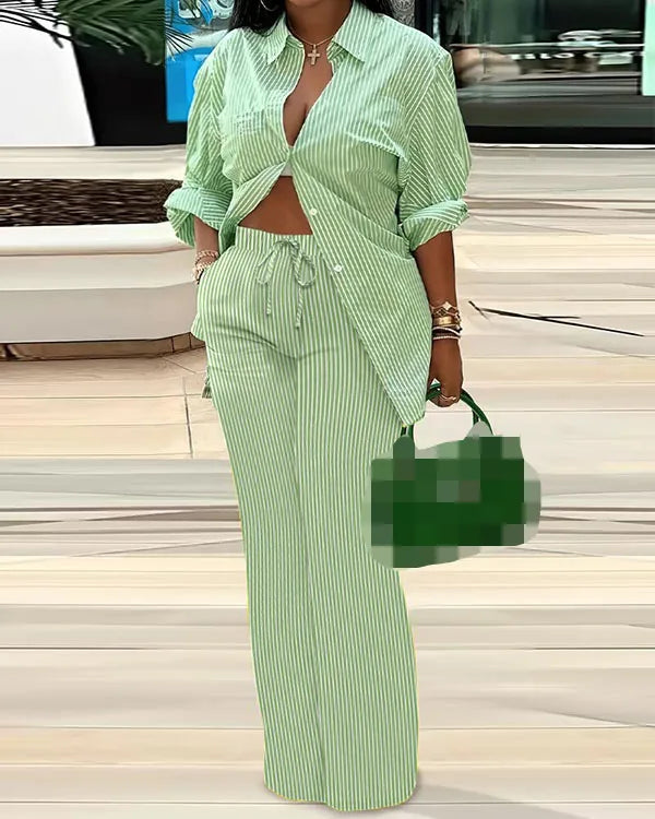 Colorblock Checker/Solid/Striped/Faux Denim Plaid Turn-Down Collar Blouse + Drawstring Women's Pants 2-Piece Set