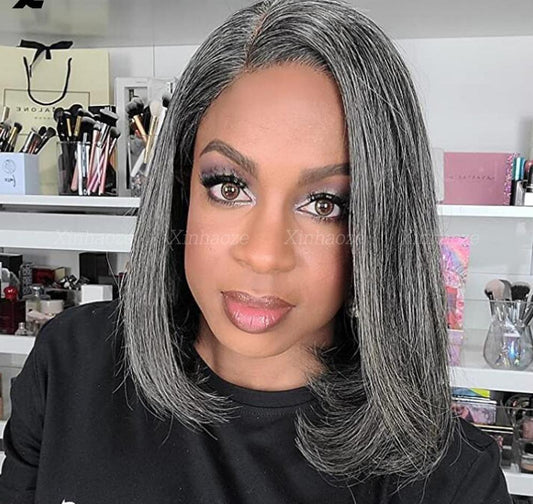 Grey/Black Salt-n-Pepper Bob Highlight Kinky Curly Short Human Hair Gray 13x4 Lace Frontal Glueless Wig