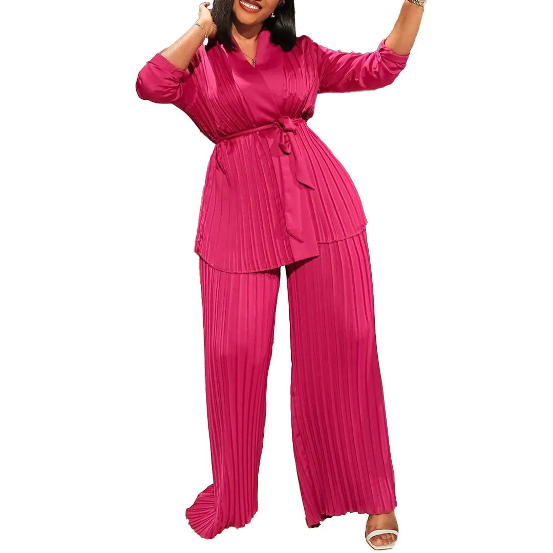 Satin Solid Color Pleated Lace-Up Long Sleeve Blouse + Wide Leg Pants Ladies 2-Piece Set to 3X Plus Size