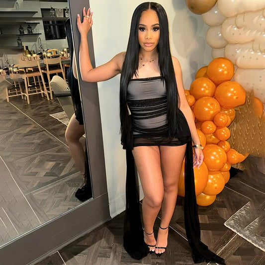 Solid Color Sleeveless Strapless Ribbon Train Mini Formal Party Dress