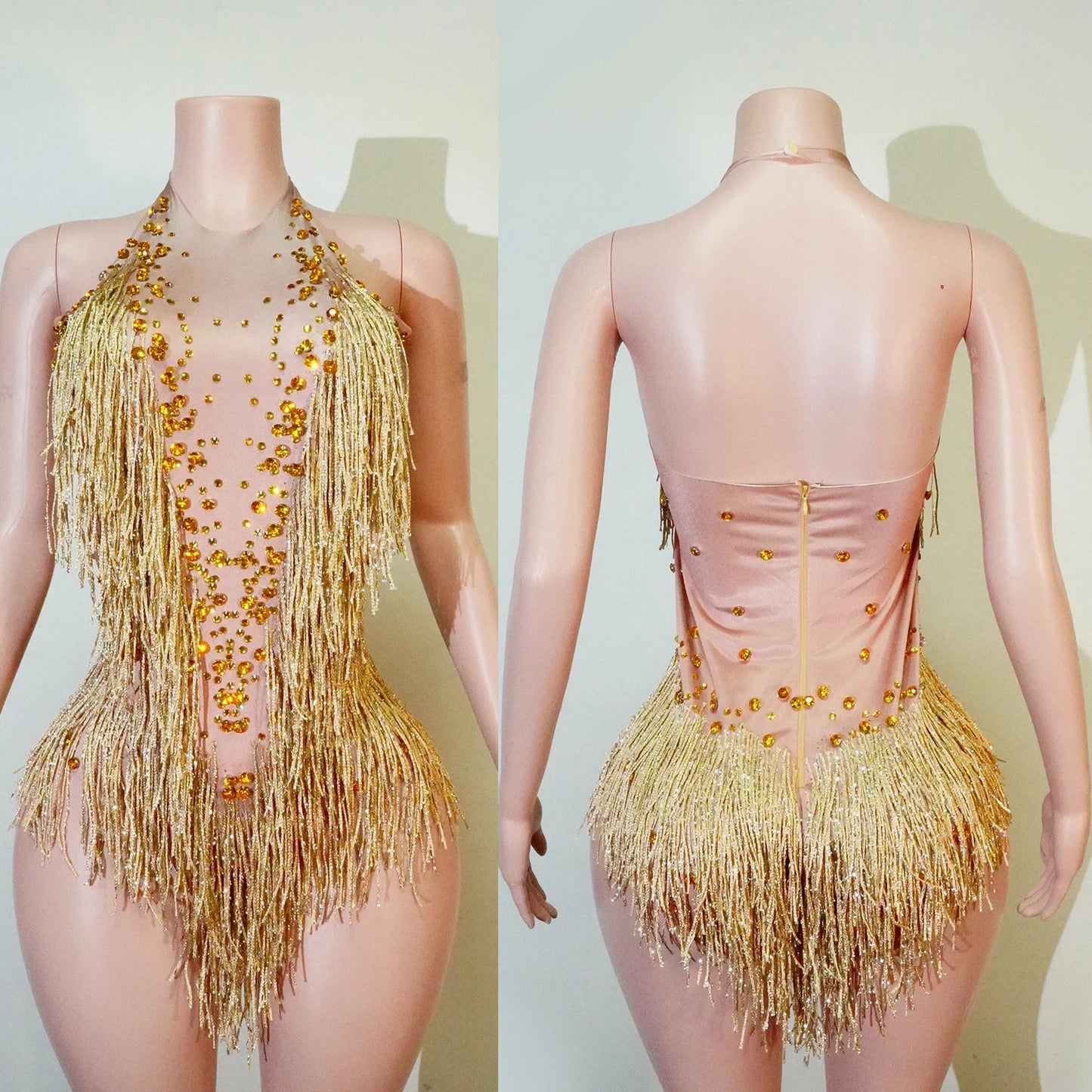 Tassel Fringe Design Sleeveless Zipper Back Sparkling Rhinestone Women's Formal Stage Dance Bodysuit